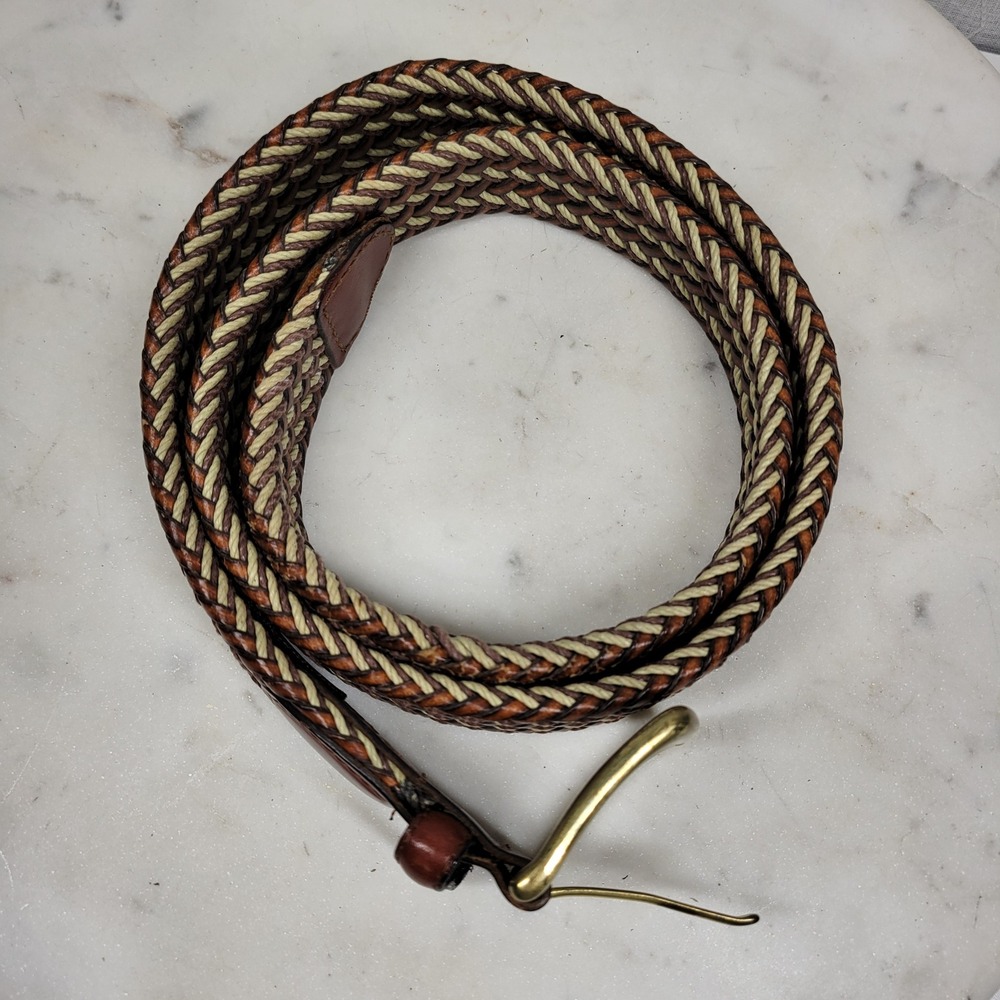 Arden Preppy Braided Leather Belt Size 36 Brown Tan Stretch Woven Brass Buckle - Picture 2 of 13